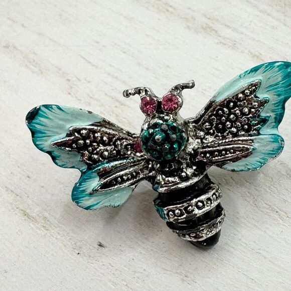 Bee Pin Blue White Enamel Rhinestone Small Bug Insect Brooch Lapel Pin - Picture 3 of 4